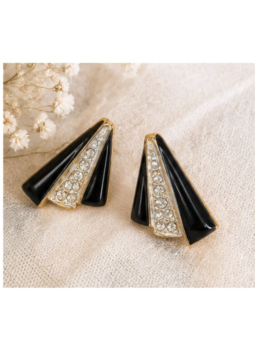 Vintage Black Enamel Rhinestone Earrings Gold Tone Stud Earrings Art Deco